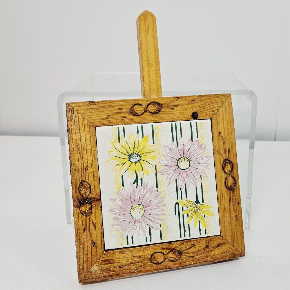 Vtg Mid Century Floral Ceramic Trivet Decorative Wall Ceramic on Wood Mexico